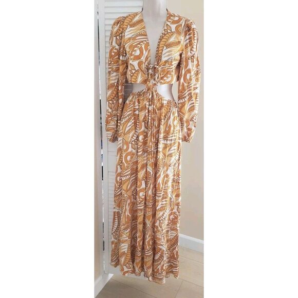 NWT AAKAA CUT OUT LONG SLEEVE ABSTRACT PRINT LONG DRESS SZ SMALL - Picture 2 of 9